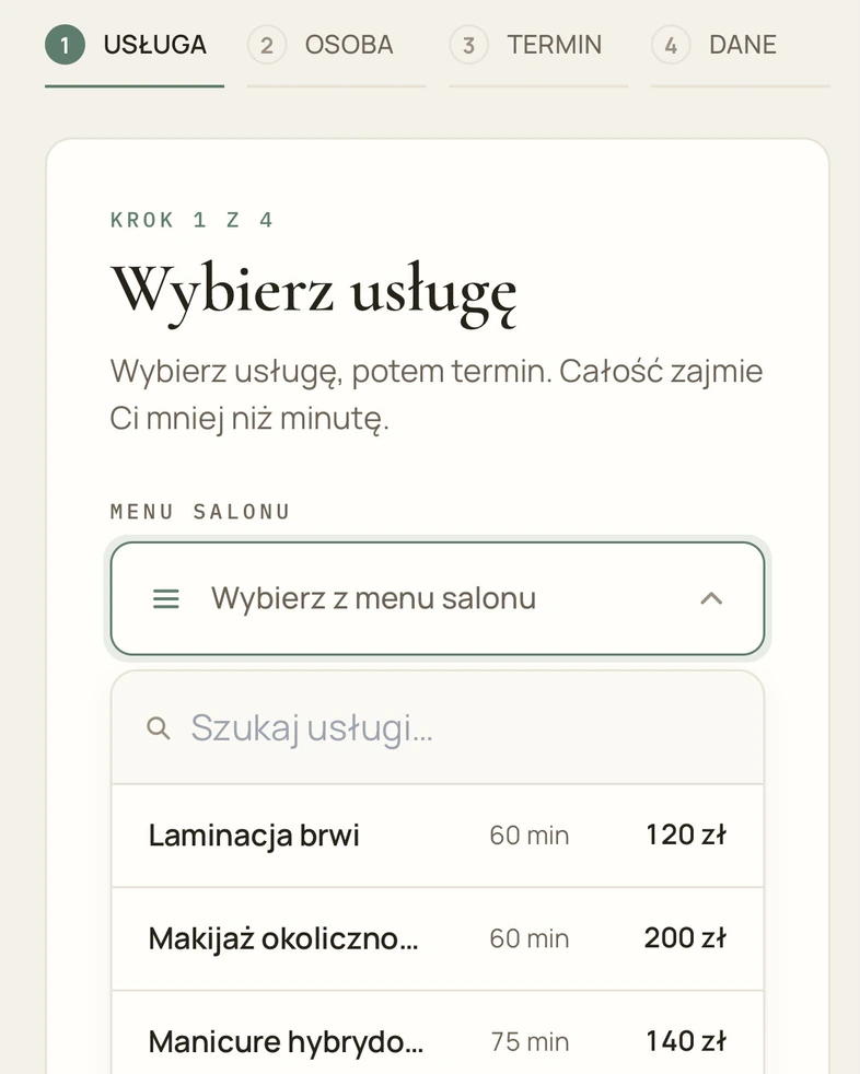 Prywatny panel rezerwacji: kroki Usługa, Osoba, Termin, Dane; krok 1 z 4, Wybierz usługę z menu salonu z czasem i ceną