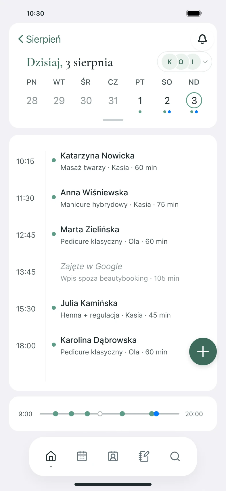 BeautyBooking: kalendarz dnia z pięcioma wizytami, osobami z zespołu, czasem trwania i wpisem zajętości z Kalendarza Google