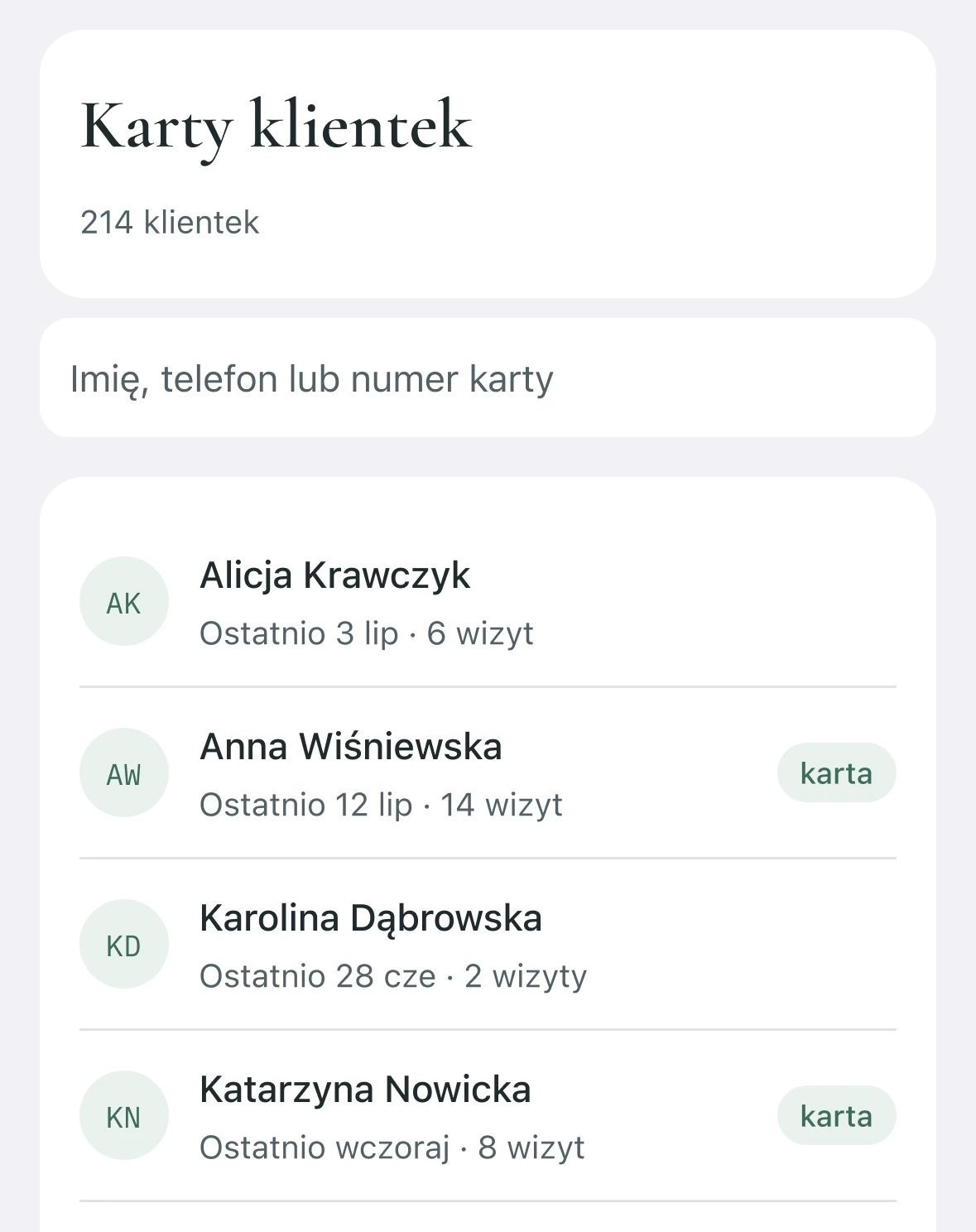 Karty klientek: 214 klientek, wyszukiwarka po imieniu, telefonie lub numerze karty i lista z ostatnią wizytą oraz liczbą wizyt