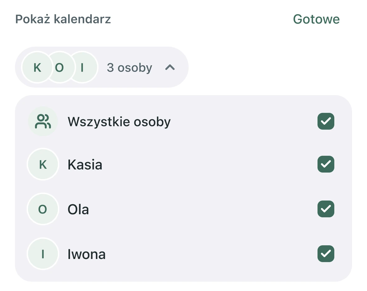 Wybór kalendarzy zespołu: wszystkie osoby, Kasia, Ola i Iwona